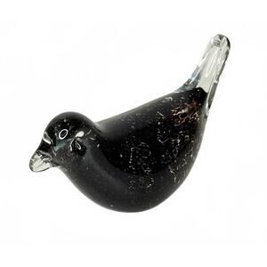 Hand Blown Art Glass Bird Paperweight Figurine Black Speckled Murano Style